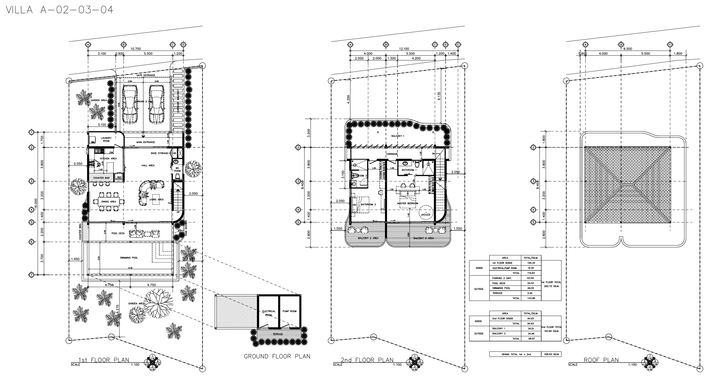 Ground, first, second and roof floor plans shared by Alaya Villas 02, 03 and 04