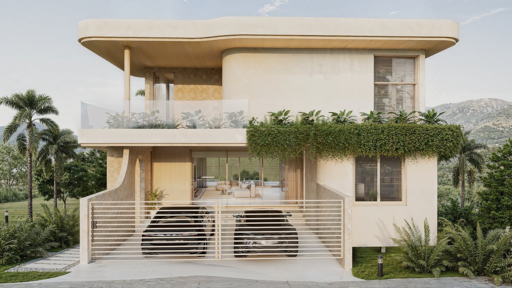 Alaya villa street elevation, curved concrete form and timber detailing